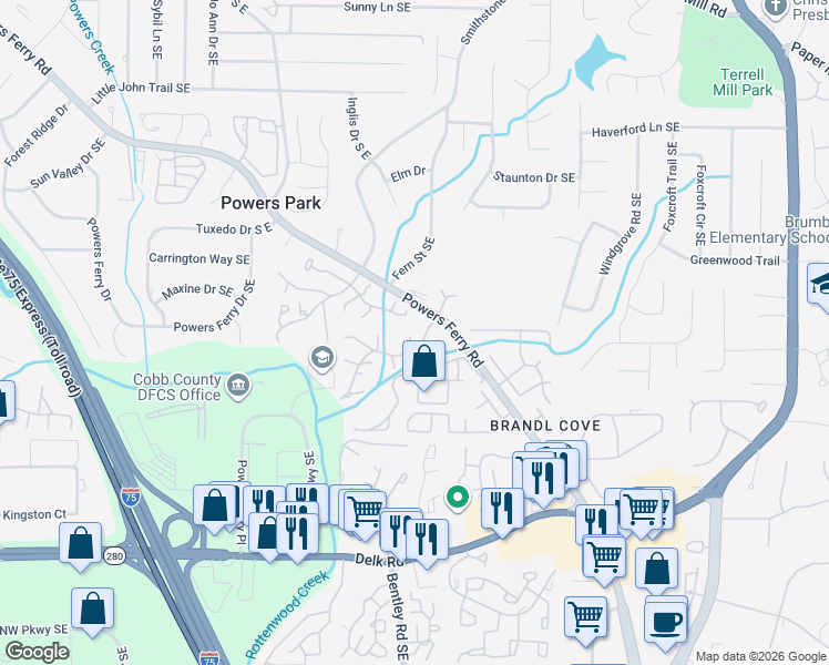 map of restaurants, bars, coffee shops, grocery stores, and more near 881 Cedar Canyon Square in Marietta
