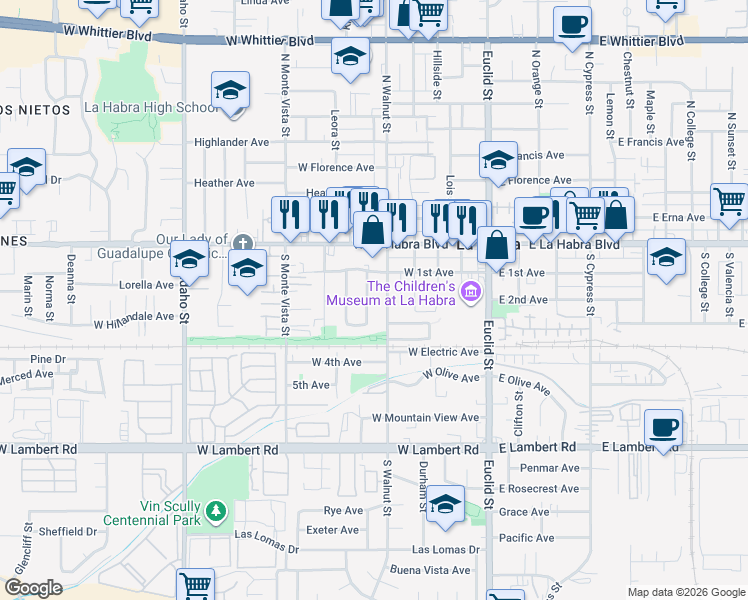 map of restaurants, bars, coffee shops, grocery stores, and more near 300 Chinchilla Street in La Habra