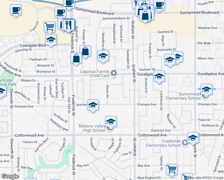 map of restaurants, bars, coffee shops, grocery stores, and more near 23314 Vida Court in Moreno Valley