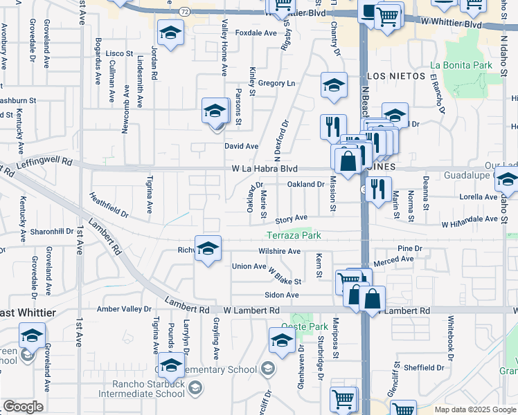 map of restaurants, bars, coffee shops, grocery stores, and more near 321 Marie Street in La Habra