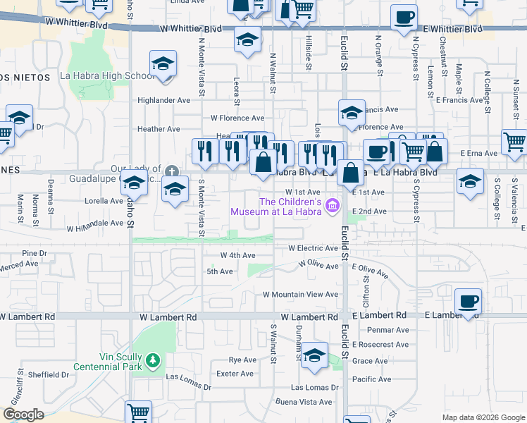 map of restaurants, bars, coffee shops, grocery stores, and more near 300 Chinchilla Street in La Habra