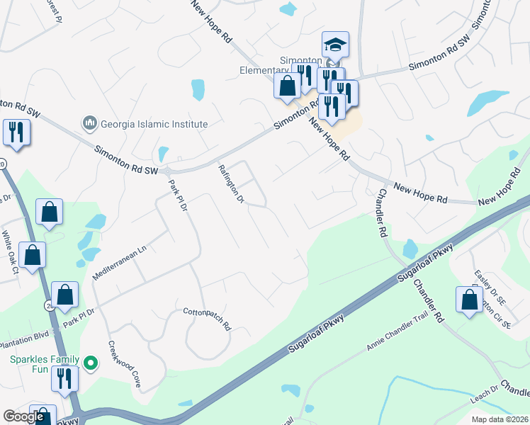 map of restaurants, bars, coffee shops, grocery stores, and more near 1065 Rafington Drive in Lawrenceville