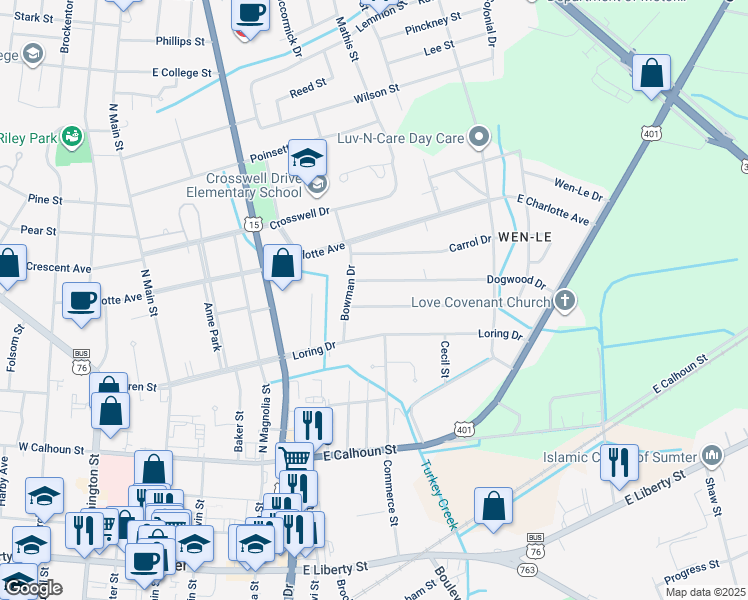 map of restaurants, bars, coffee shops, grocery stores, and more near 413 Robney Drive in Sumter