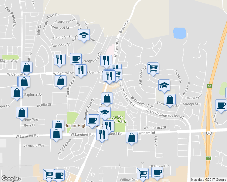map of restaurants, bars, coffee shops, grocery stores, and more near 149 Spring Court in Brea