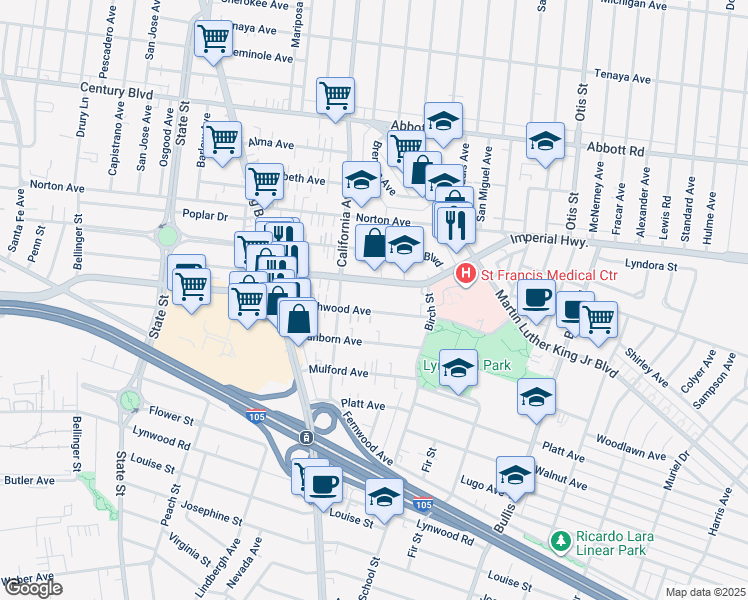 map of restaurants, bars, coffee shops, grocery stores, and more near 3543 Beechwood Avenue in Lynwood