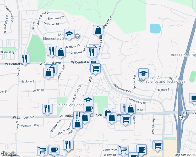 map of restaurants, bars, coffee shops, grocery stores, and more near 149 Spring Court in Brea