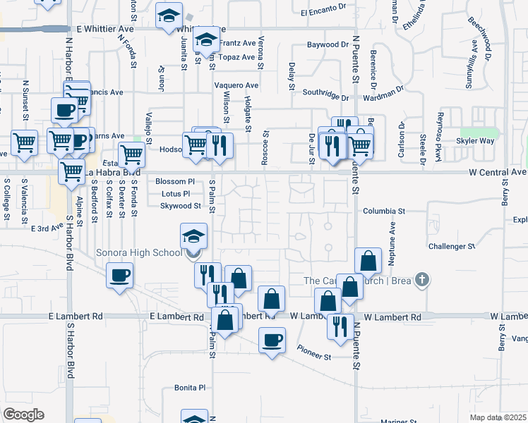 map of restaurants, bars, coffee shops, grocery stores, and more near 655 Roscoe Street in Brea
