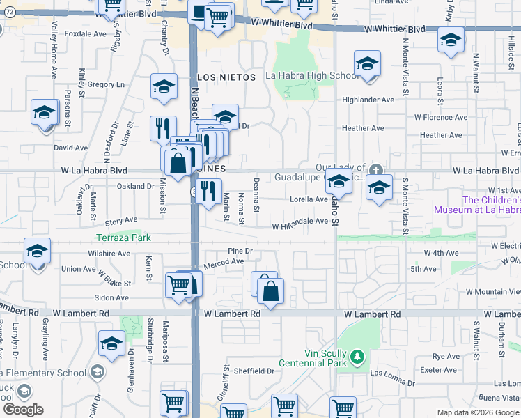 map of restaurants, bars, coffee shops, grocery stores, and more near 300 Deanna Street in La Habra