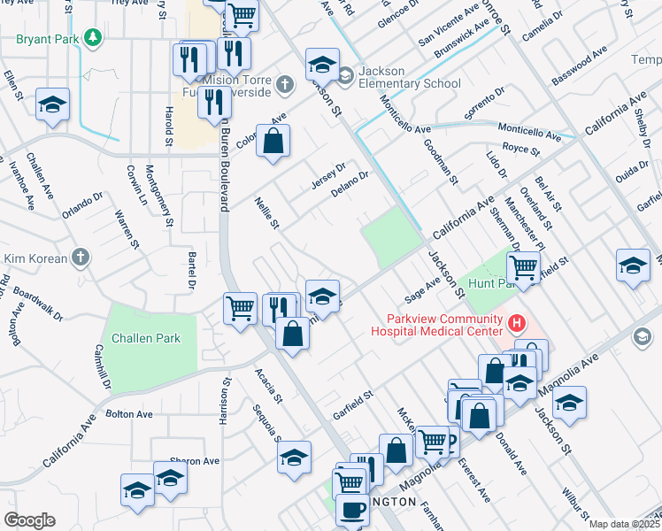 map of restaurants, bars, coffee shops, grocery stores, and more near 4277 Kingsbury Place in Riverside