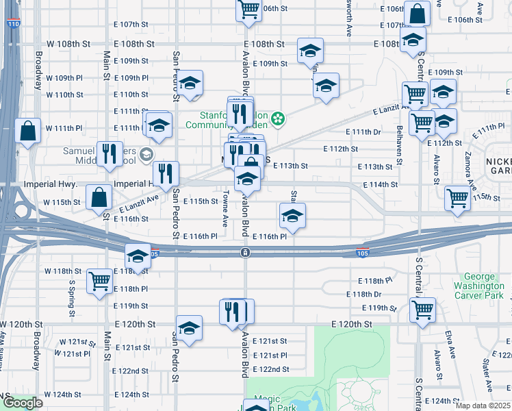 map of restaurants, bars, coffee shops, grocery stores, and more near 616 East 115th Street in Los Angeles