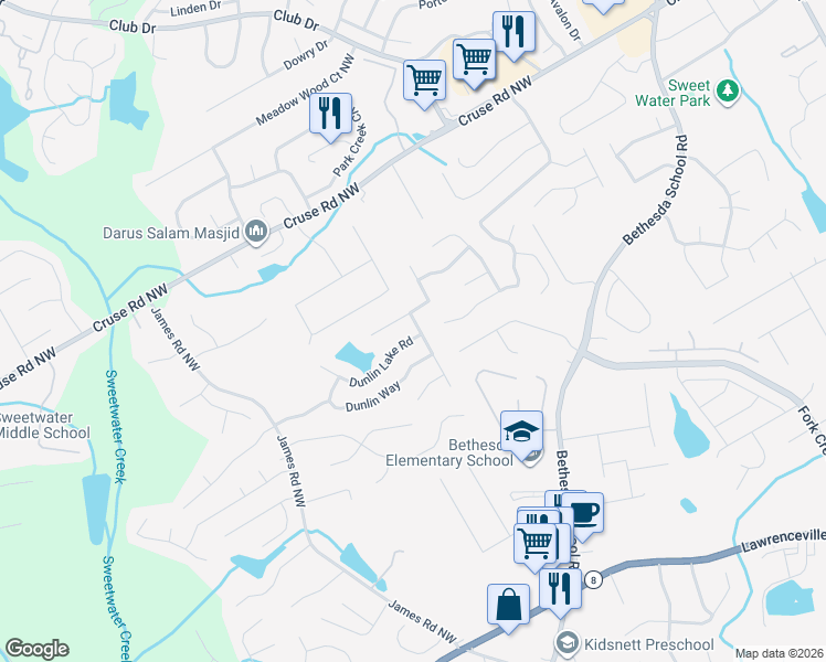 map of restaurants, bars, coffee shops, grocery stores, and more near 3009 Dunlin Lake Road in Lawrenceville