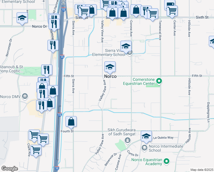 map of restaurants, bars, coffee shops, grocery stores, and more near 3325 Valley View Avenue in Norco
