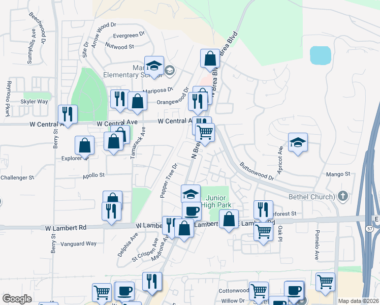 map of restaurants, bars, coffee shops, grocery stores, and more near 655 North Brea Boulevard in Brea
