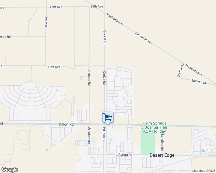 map of restaurants, bars, coffee shops, grocery stores, and more near 16431 Johnson Road in Desert Hot Springs