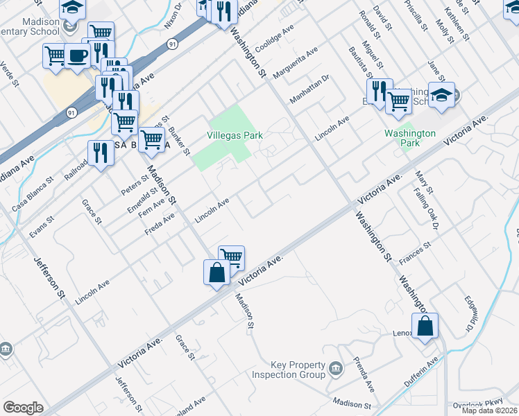 map of restaurants, bars, coffee shops, grocery stores, and more near 2830 Dorlen Street in Riverside
