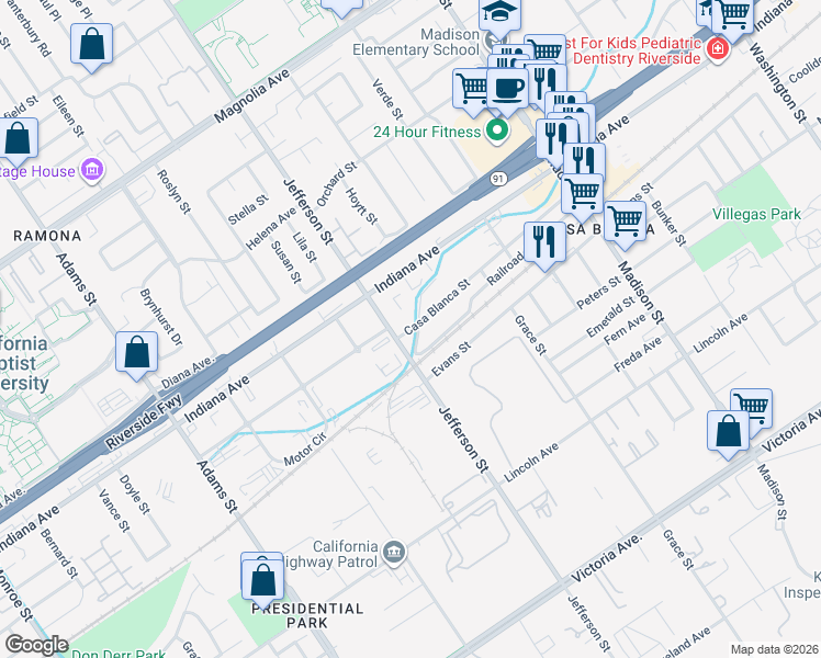 map of restaurants, bars, coffee shops, grocery stores, and more near 7830 Casa Blanca Street in Riverside