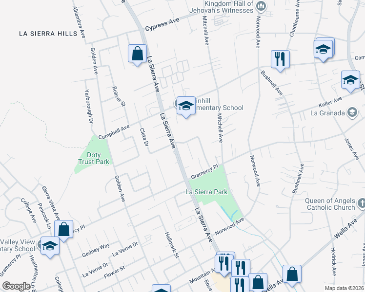 map of restaurants, bars, coffee shops, grocery stores, and more near 11028 Thrush Drive in Riverside