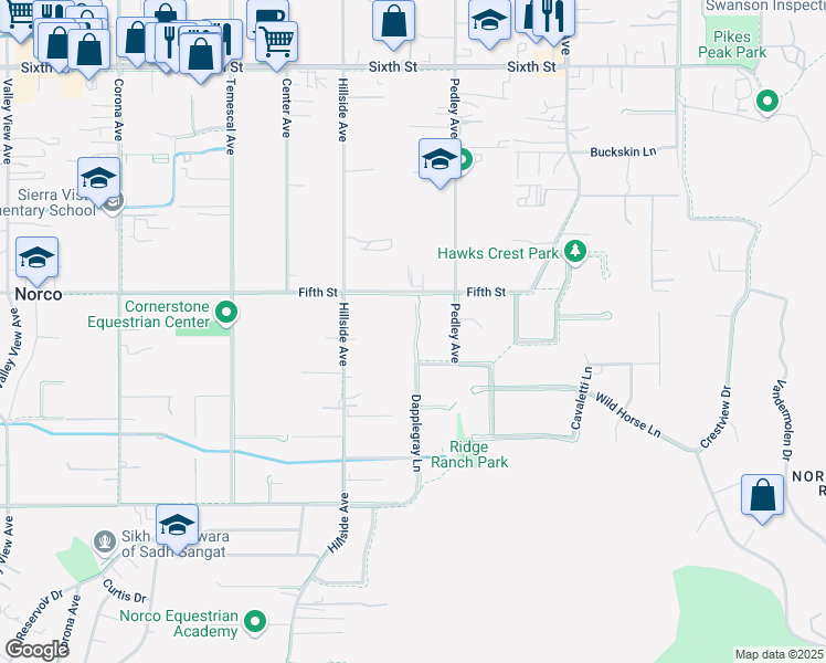 map of restaurants, bars, coffee shops, grocery stores, and more near 3309 Dapplegray Lane in Norco