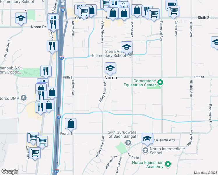map of restaurants, bars, coffee shops, grocery stores, and more near 3325 Valley View Avenue in Norco