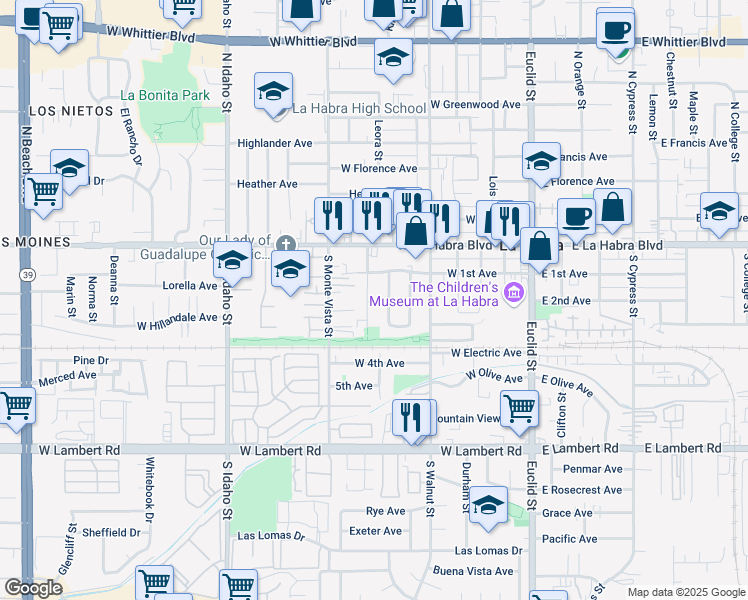 map of restaurants, bars, coffee shops, grocery stores, and more near 241 Knudson Street in La Habra