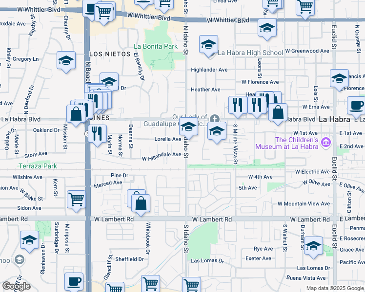 map of restaurants, bars, coffee shops, grocery stores, and more near 1230 Lorella Avenue in La Habra