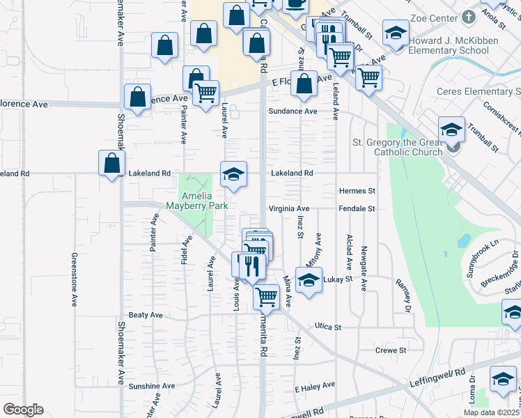 map of restaurants, bars, coffee shops, grocery stores, and more near 11201 Carmenita Road in Whittier