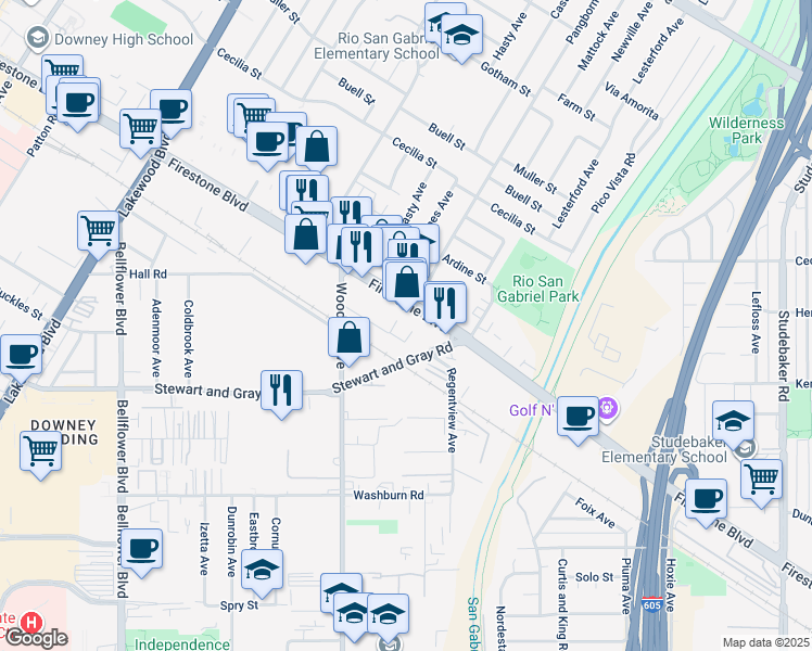 map of restaurants, bars, coffee shops, grocery stores, and more near 11224 Pangborn Avenue in Downey