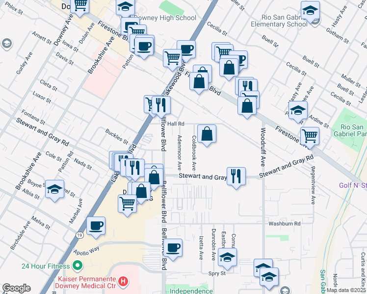 map of restaurants, bars, coffee shops, grocery stores, and more near 11656 Adenmoor Avenue in Downey