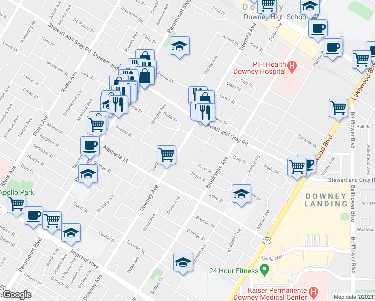 map of restaurants, bars, coffee shops, grocery stores, and more near 12030 Downey Avenue in Downey