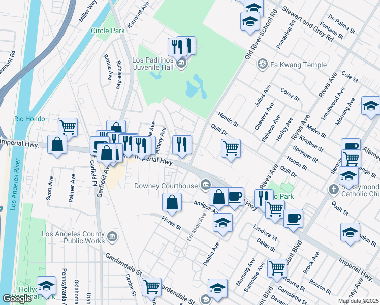 map of restaurants, bars, coffee shops, grocery stores, and more near 12531 Old River School Road in Downey