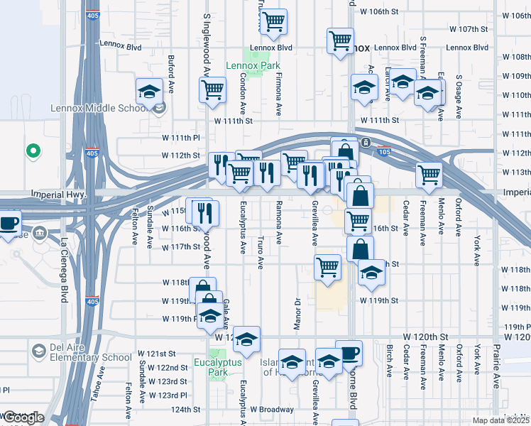 map of restaurants, bars, coffee shops, grocery stores, and more near 11500 Truro Avenue in Hawthorne