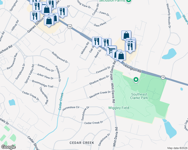 map of restaurants, bars, coffee shops, grocery stores, and more near 126 Firewood Street in Athens