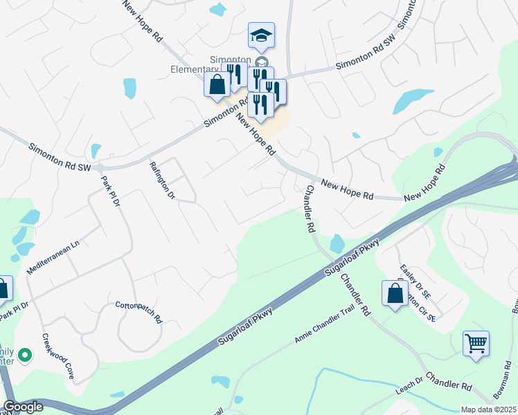 map of restaurants, bars, coffee shops, grocery stores, and more near 1180 Chandler Ridge Drive Southeast in Lawrenceville