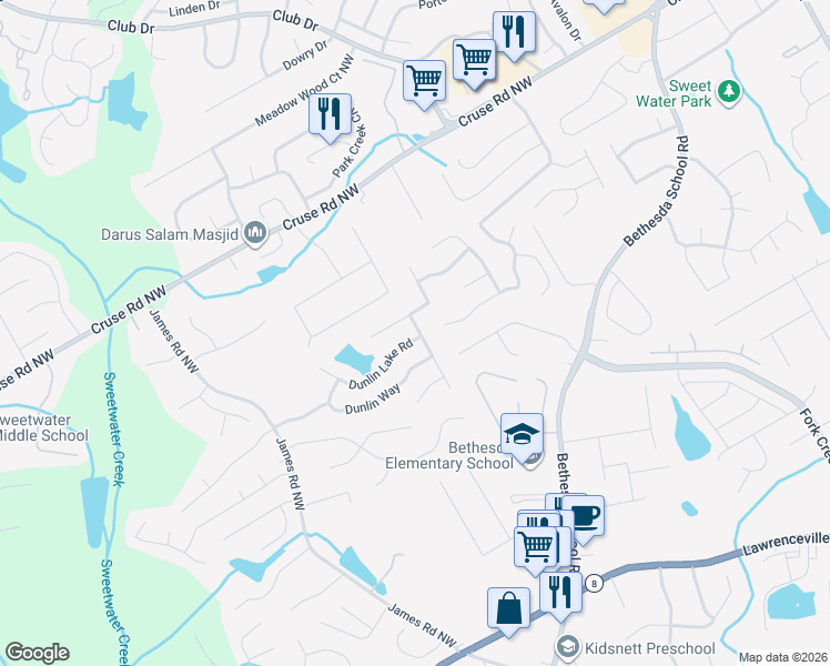 map of restaurants, bars, coffee shops, grocery stores, and more near 3009 Dunlin Lake Road in Lawrenceville