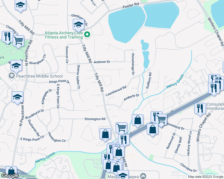 map of restaurants, bars, coffee shops, grocery stores, and more near 2568 Laurelwood Road in Atlanta