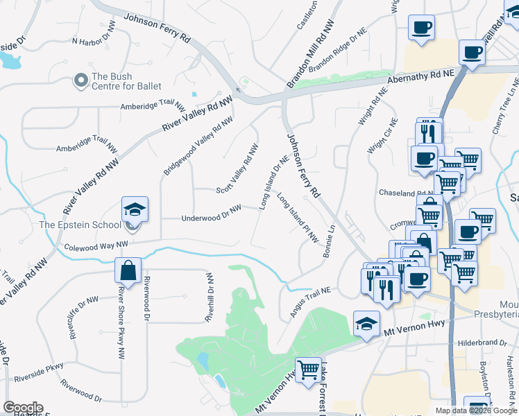 map of restaurants, bars, coffee shops, grocery stores, and more near 6400 Long Island Drive Northeast in Atlanta