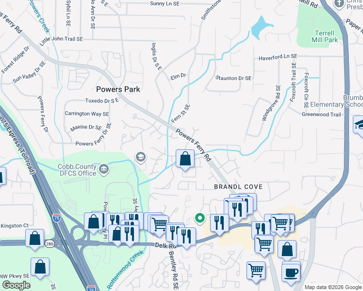 map of restaurants, bars, coffee shops, grocery stores, and more near 881 Cedar Canyon Square in Marietta