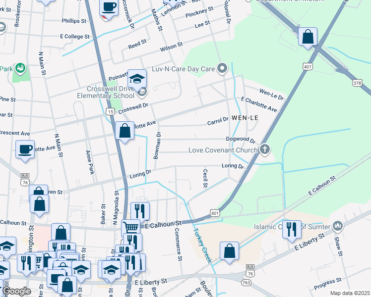 map of restaurants, bars, coffee shops, grocery stores, and more near 427 Robney Drive in Sumter