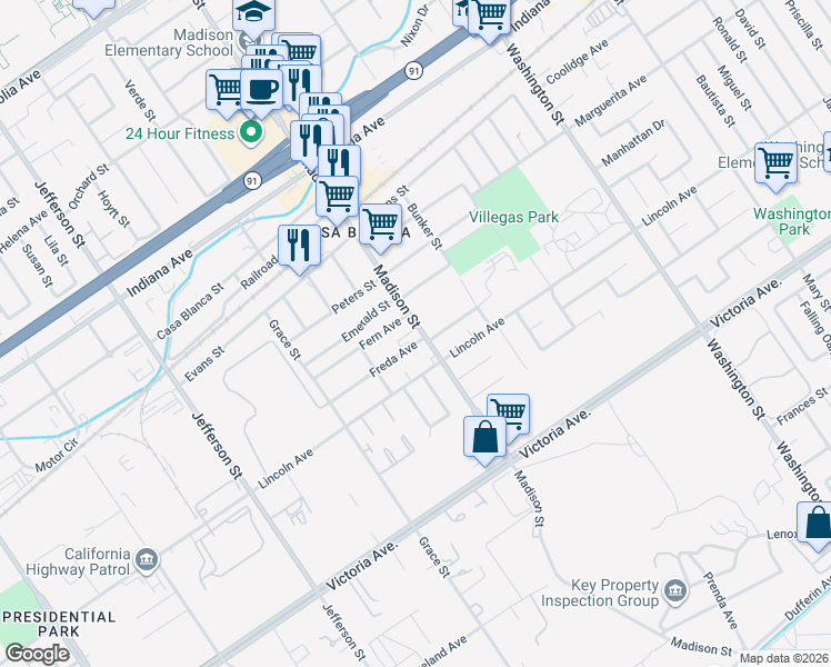 map of restaurants, bars, coffee shops, grocery stores, and more near 2962 Madison Street in Riverside