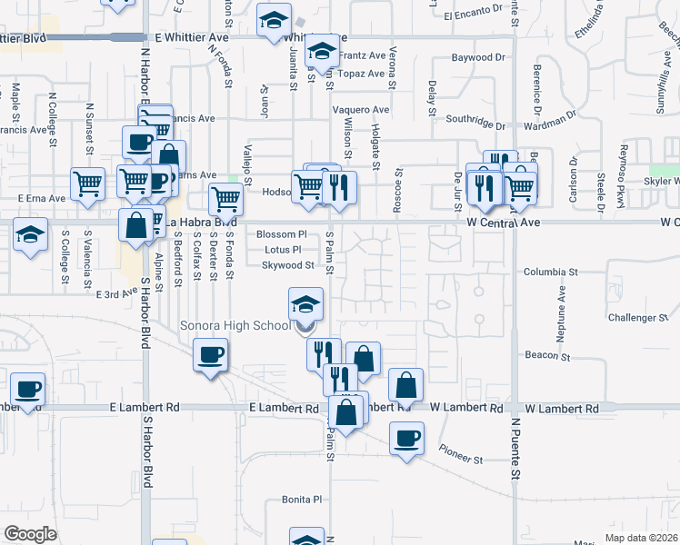 map of restaurants, bars, coffee shops, grocery stores, and more near 1790 Oldwood Court in Brea