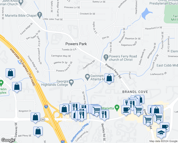 map of restaurants, bars, coffee shops, grocery stores, and more near 2241 Runnymead Ridge Southeast in Marietta
