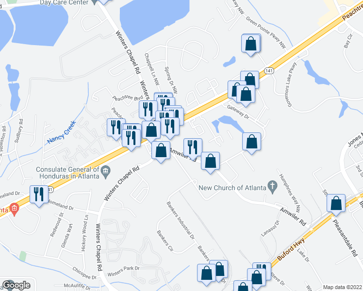 map of restaurants, bars, coffee shops, grocery stores, and more near 7112 Peachtree Industrial Boulevard in Peachtree Corners