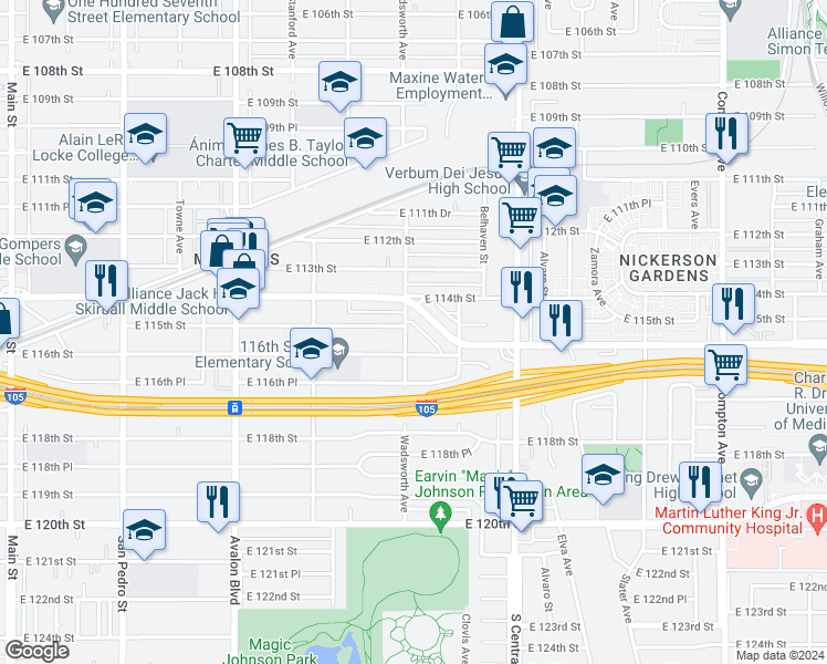 map of restaurants, bars, coffee shops, grocery stores, and more near 11504 Wadsworth Avenue in Los Angeles