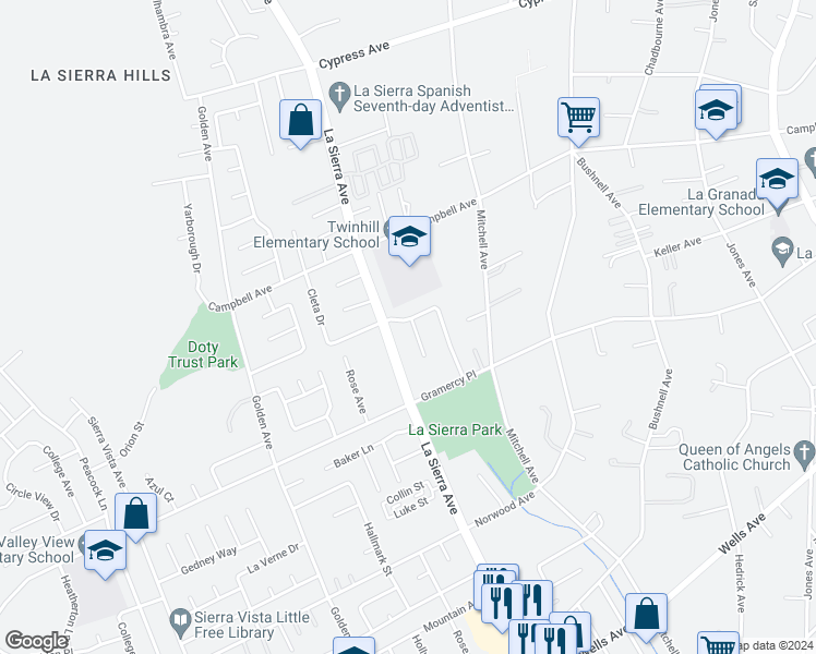 map of restaurants, bars, coffee shops, grocery stores, and more near 11028 Thrush Drive in Riverside