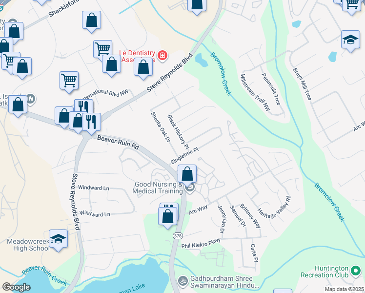 map of restaurants, bars, coffee shops, grocery stores, and more near 1372 Black Hickory Place in Norcross