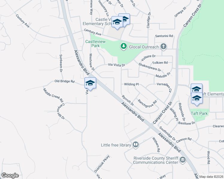 map of restaurants, bars, coffee shops, grocery stores, and more near 6727 Hawkley Drive in Riverside