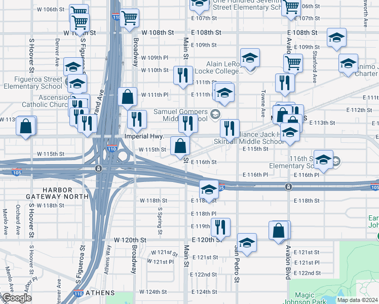 map of restaurants, bars, coffee shops, grocery stores, and more near 11428 Main Street in Los Angeles