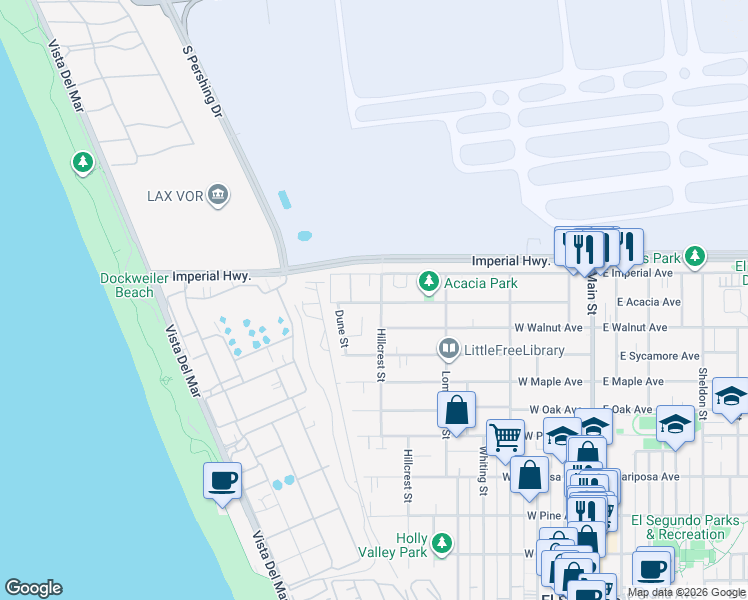map of restaurants, bars, coffee shops, grocery stores, and more near 931 Hillcrest Street in El Segundo
