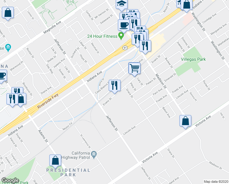 map of restaurants, bars, coffee shops, grocery stores, and more near 7771 Evans Street in Riverside
