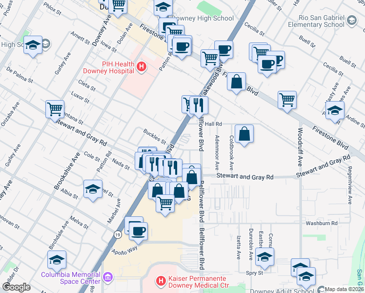 map of restaurants, bars, coffee shops, grocery stores, and more near 9013 Buckles Street in Downey